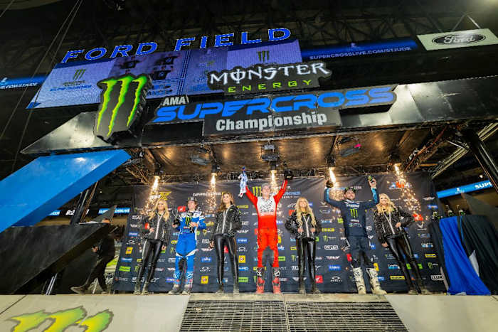 250SX Class podium (racers left to right) Haiden Deegan, Hunter Lawrence, and Nate Thrasher. Photo Credit: Feld Motor Sports, Inc.